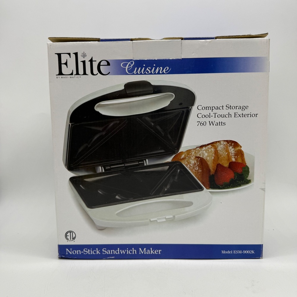 Elite Cuisine Sandwich Maker ESM-9002K White Non-Stick 760W Compact Storage